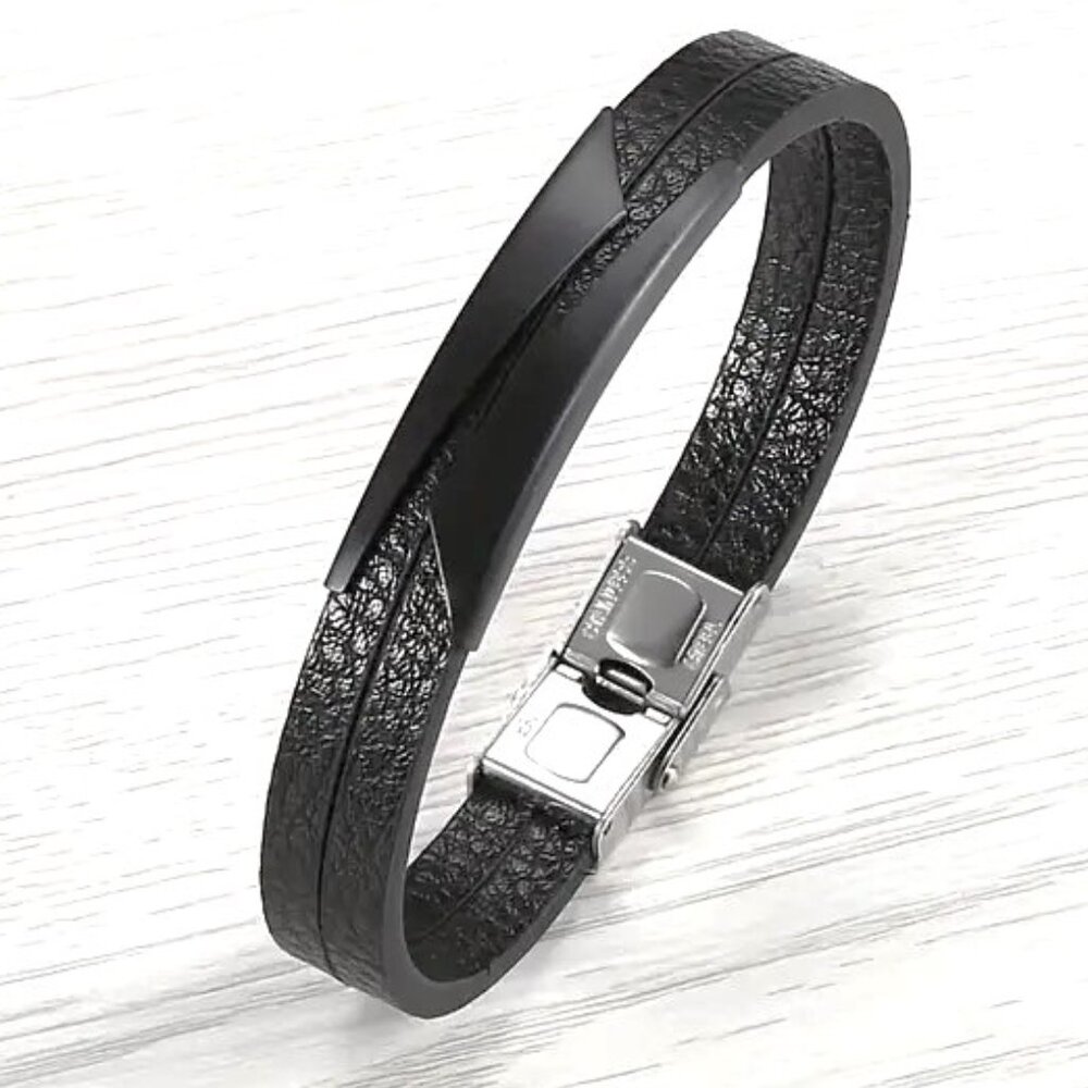 Leather Bracelet Bangle Cuff Black Stainless Steel Metal Edgy Rock Buckle Clasp